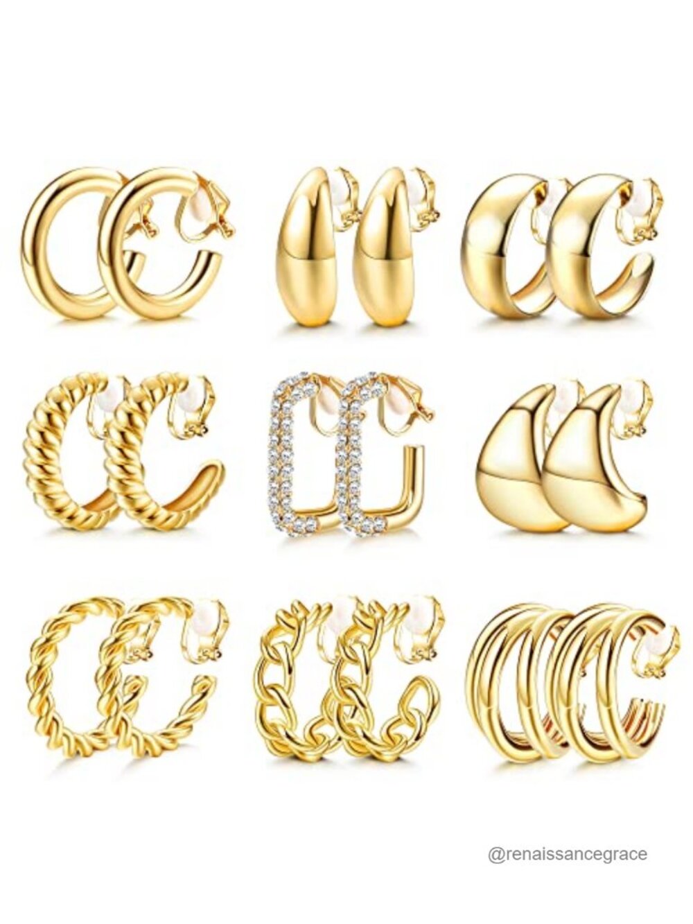 Clip On Hoop Earrings for Women Non Pierced Gold Plated Earrings Set of 9